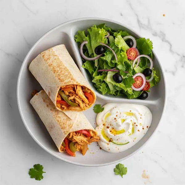 Chicken and peppers Tinga Roll With lettuce salad and Mexican crema